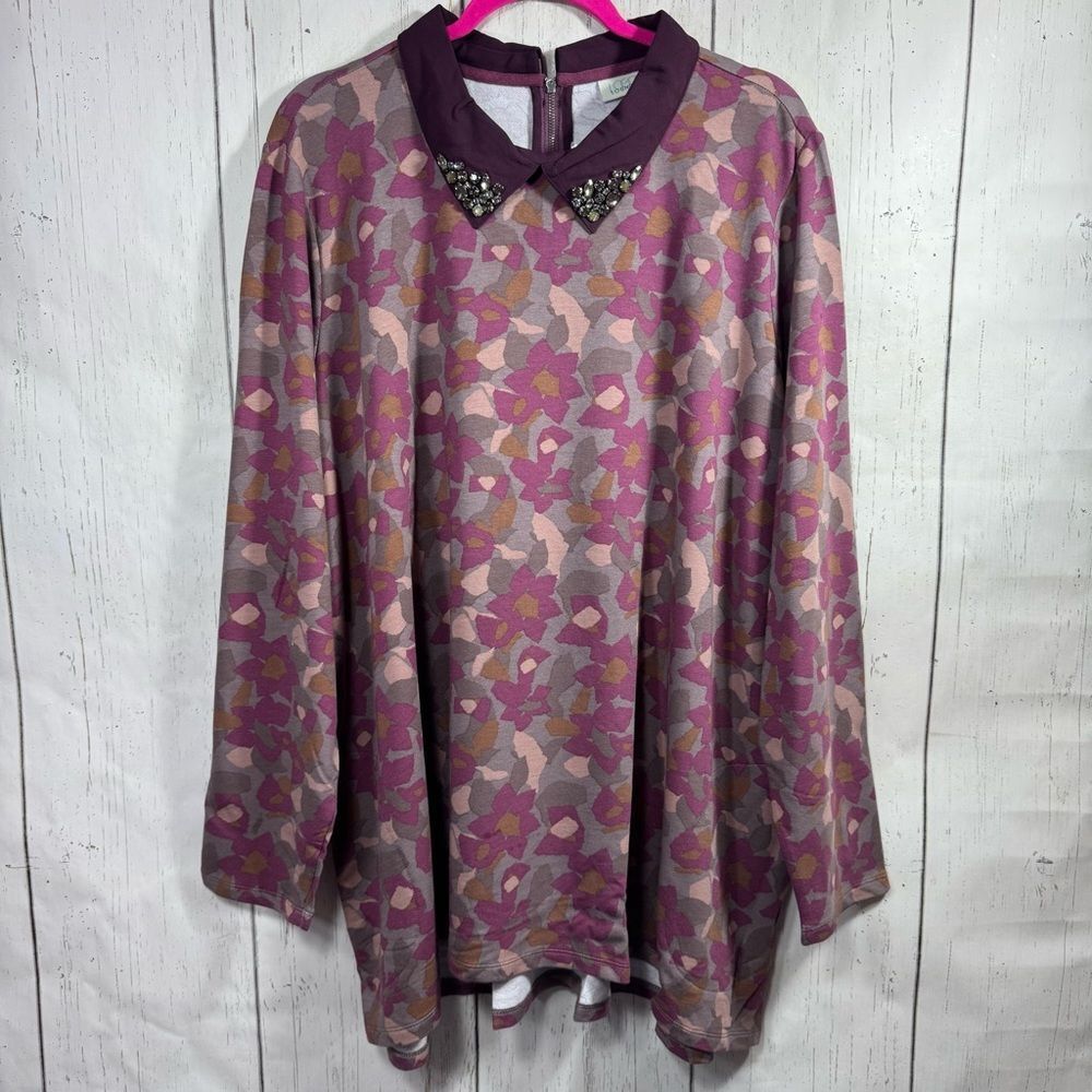 LOGO Lounge by Lori Goldstein Plus 3X Floral Print Tunic Top Jeweled Collar